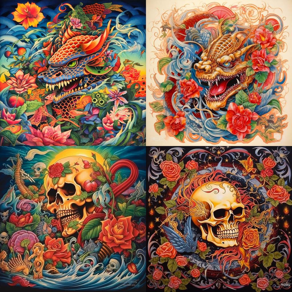 Ed Hardy style, Midjourney V5.1, render 1 of 4