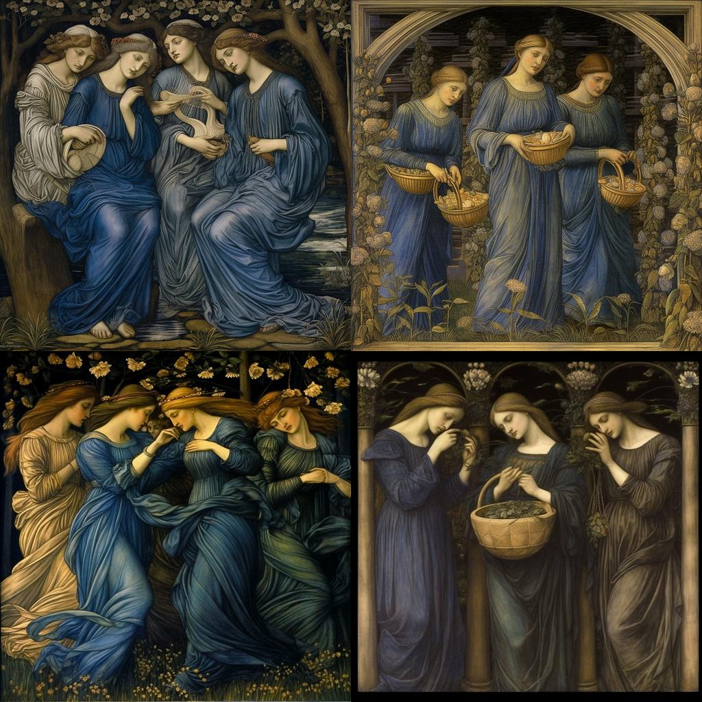 Edward Burne-Jones style, Midjourney V5.1, render 1 of 4