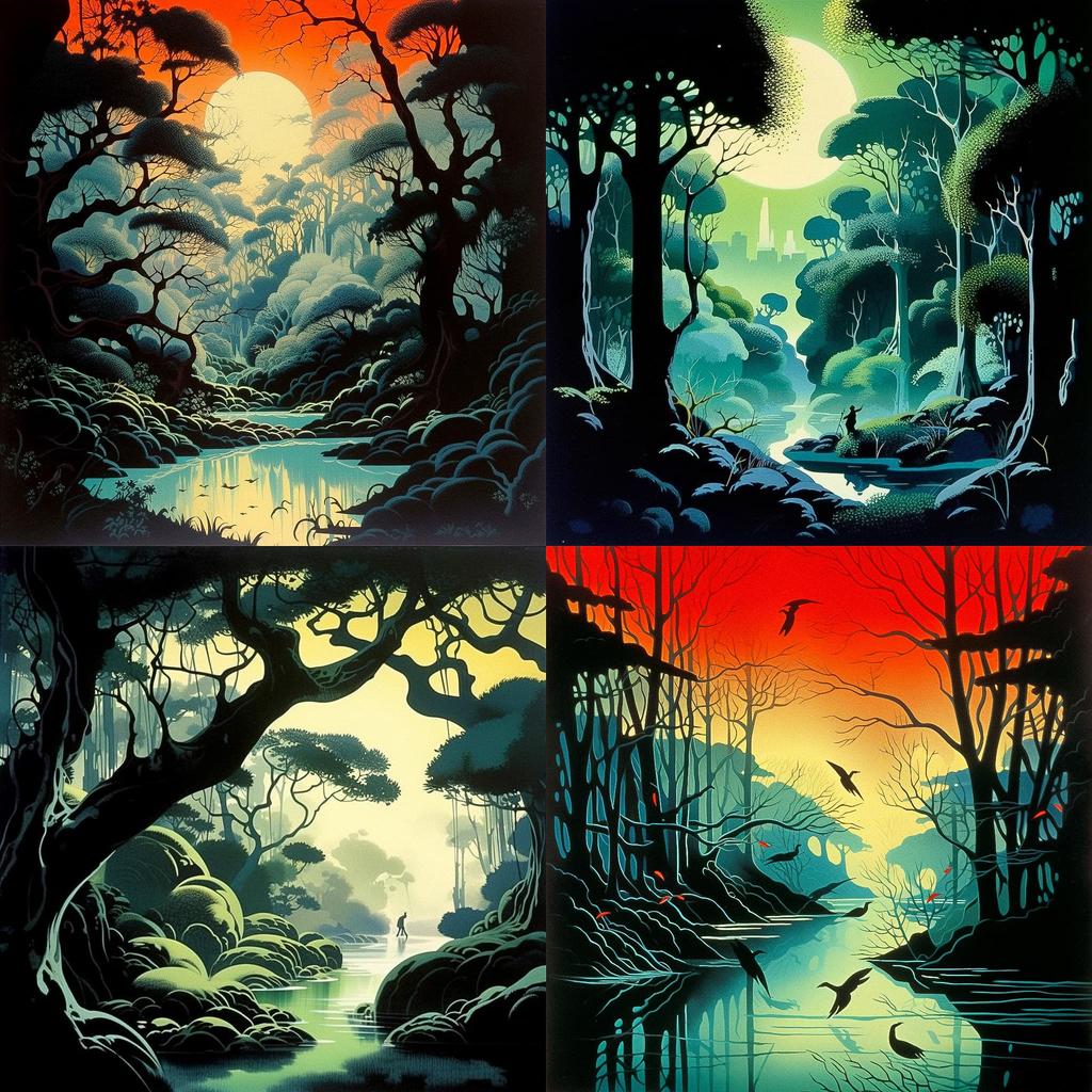 Eyvind Earle style, Midjourney V5.1, render 1 of 4