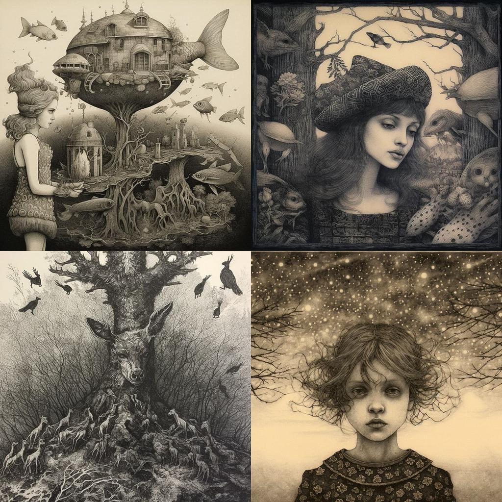 Fine art etching style, Midjourney V5.1, render 1 of 4