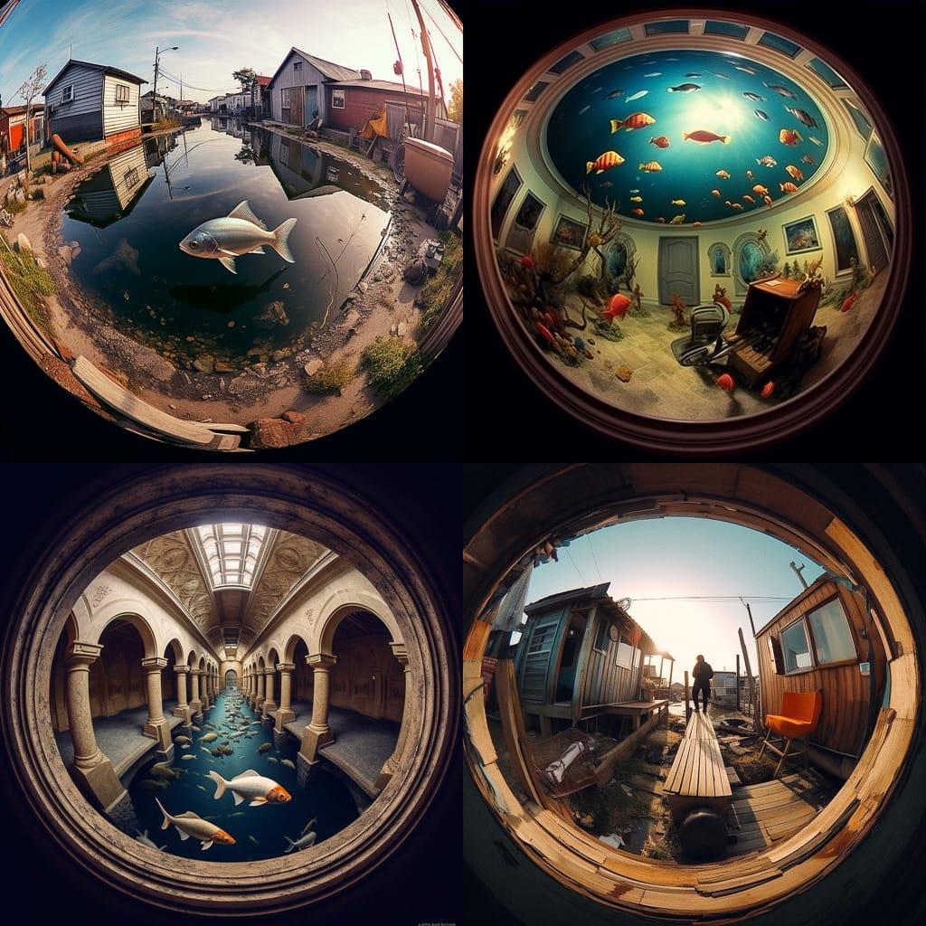 Fish-eye view style, Midjourney V5.1, render 1 of 4
