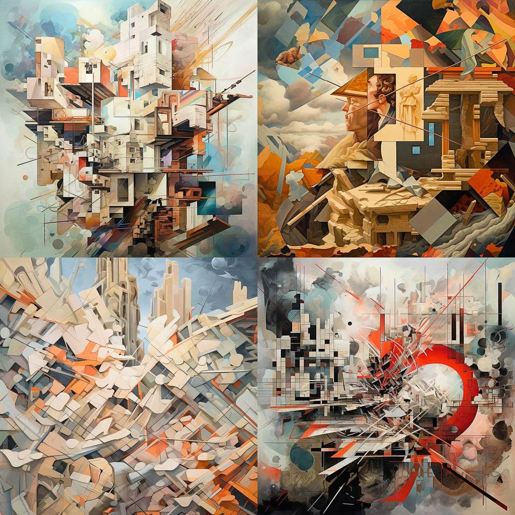 Fragmented composition style, Midjourney V5.1, render 1 of 4