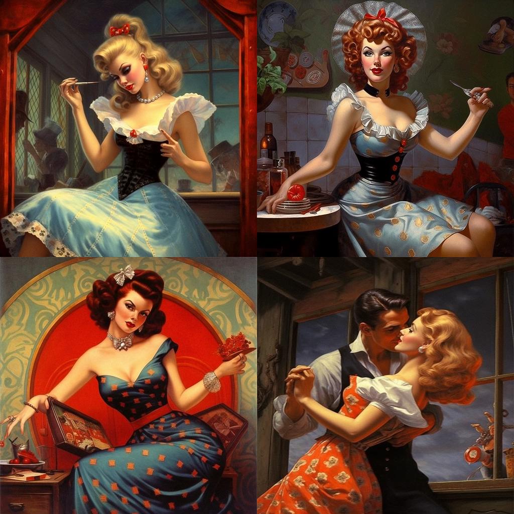 Gil Elvgren style, Midjourney V5.1, render 1 of 4