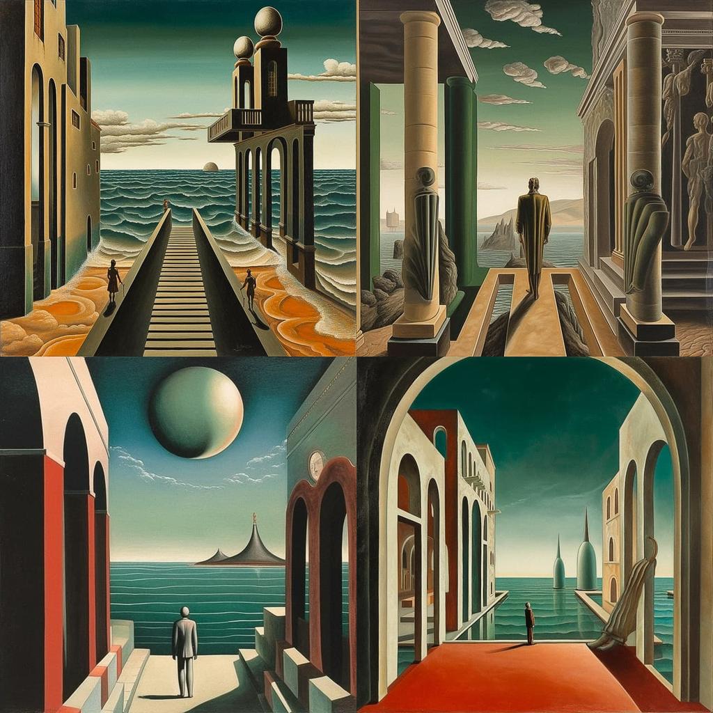 Giorgio de Chirico style, Midjourney V5.1, render 1 of 4