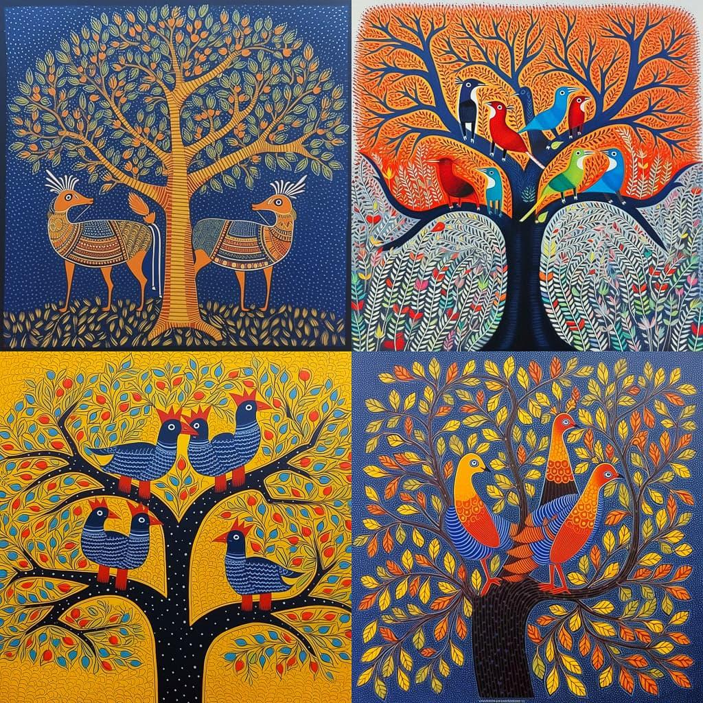 Gond painting style, Midjourney V5.1, render 1 of 4