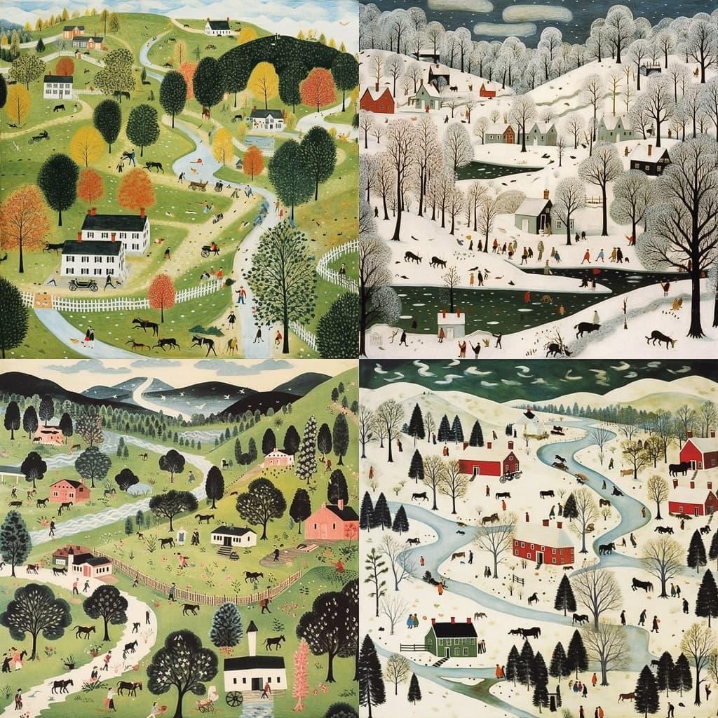 Grandma Moses style, Midjourney V5.1, render 1 of 4