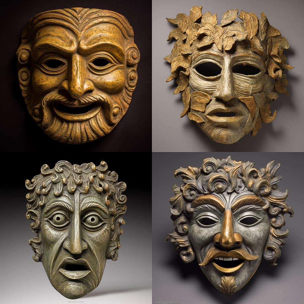 Greek Theatre mask style, Midjourney V5.1, render 1 of 4