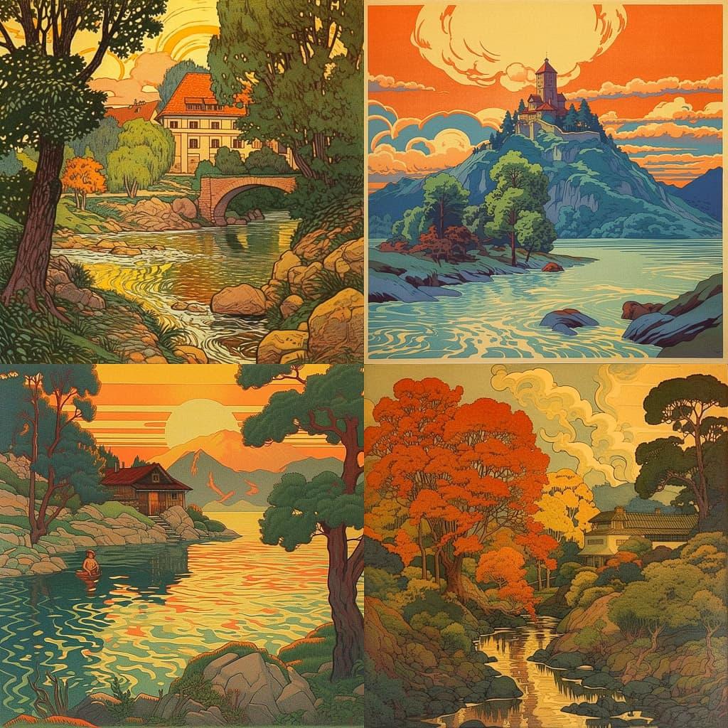 Gustave Baumann style, Midjourney V5.1, render 1 of 4