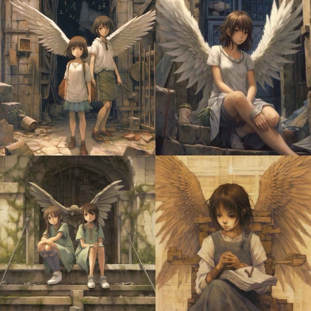 Haibane Renmei style, Midjourney V5.1, render 1 of 4