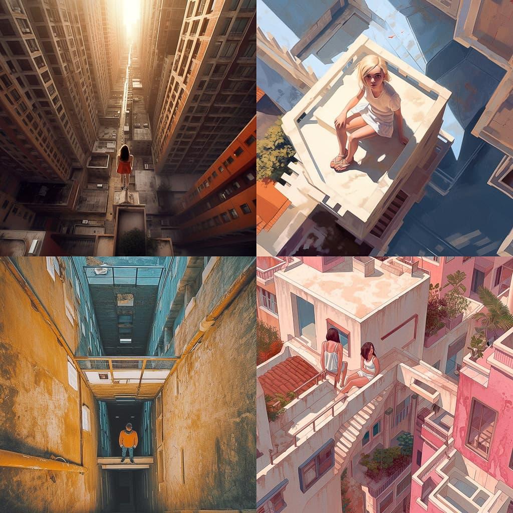 High angle style, Midjourney V5.1, render 1 of 4