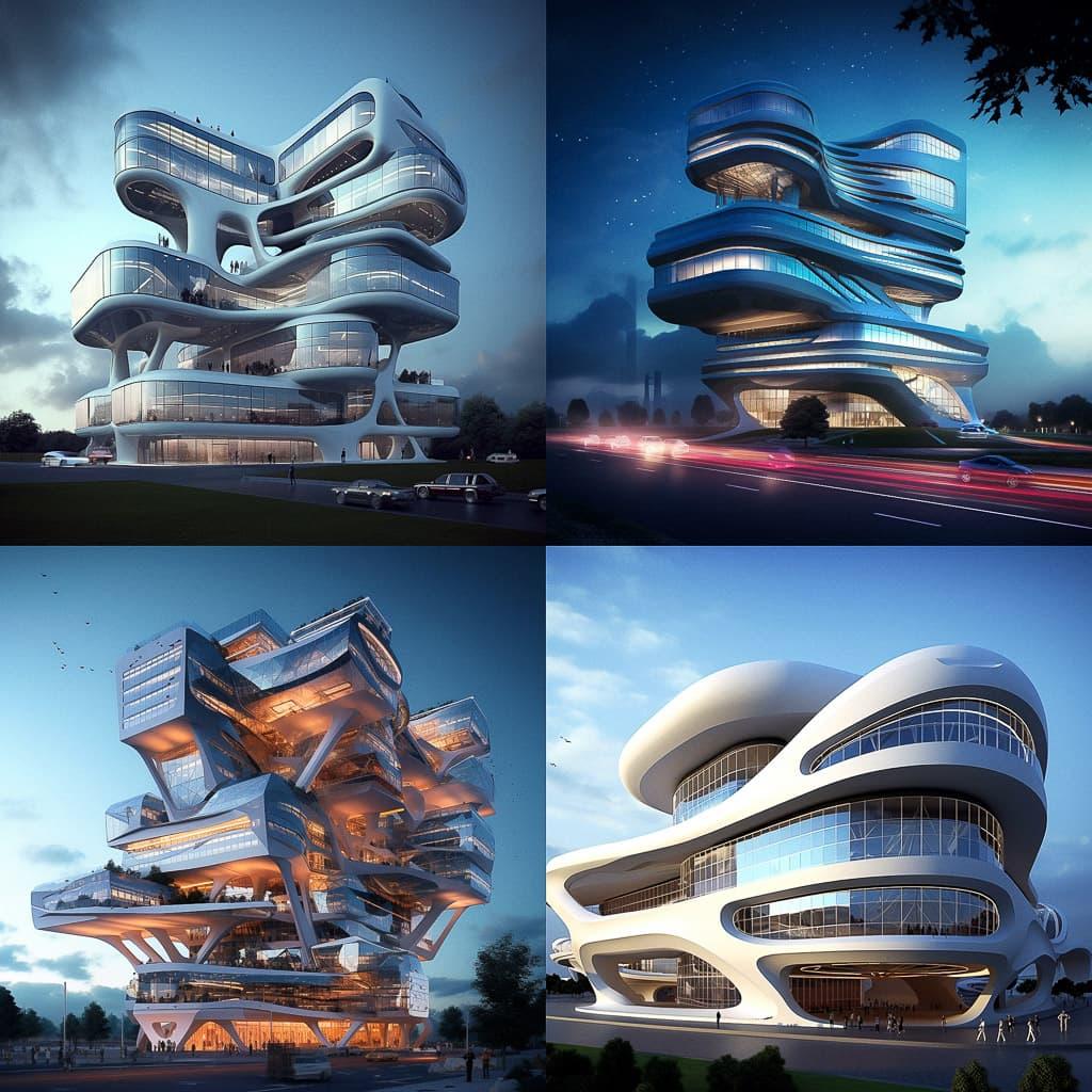 High-tech architecture style, Midjourney V5.1, render 1 of 4