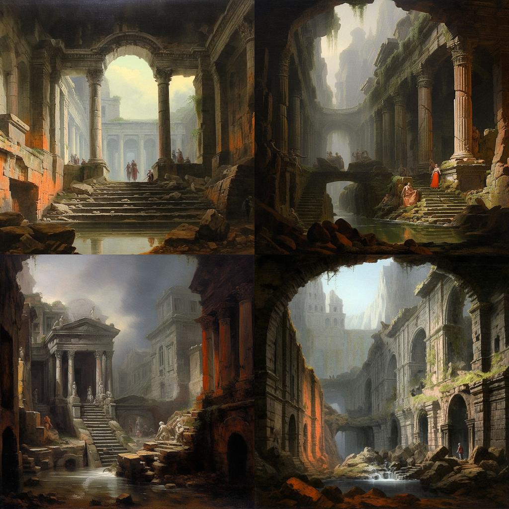 Hubert Robert style, Midjourney V5.1, render 1 of 4