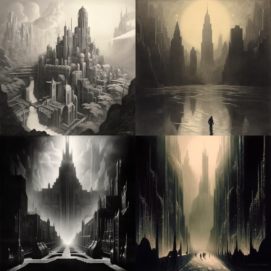 Hugh Ferriss style, Midjourney V5.1, render 1 of 4