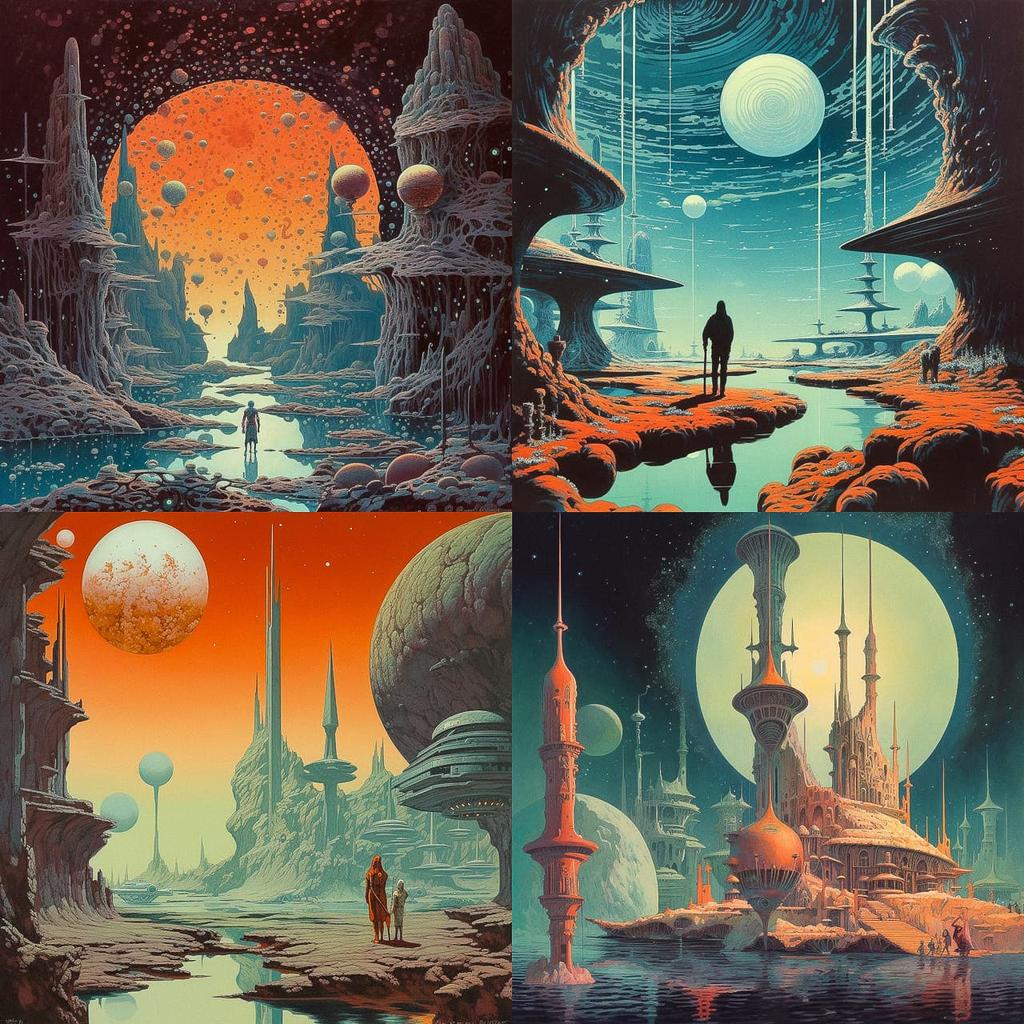 Jack Gaughan style, Midjourney V5.1, render 1 of 4