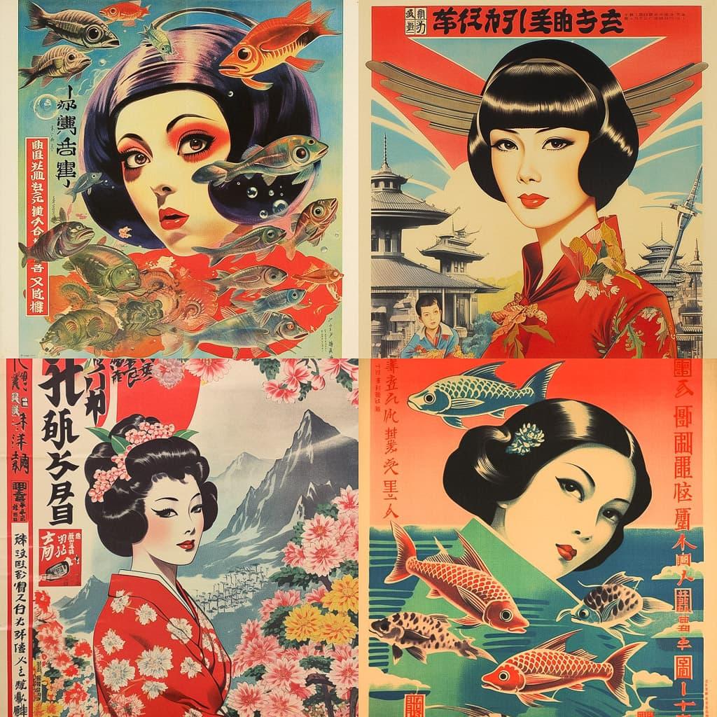 Japanese vintage poster style, Midjourney V5.1, render 1 of 4
