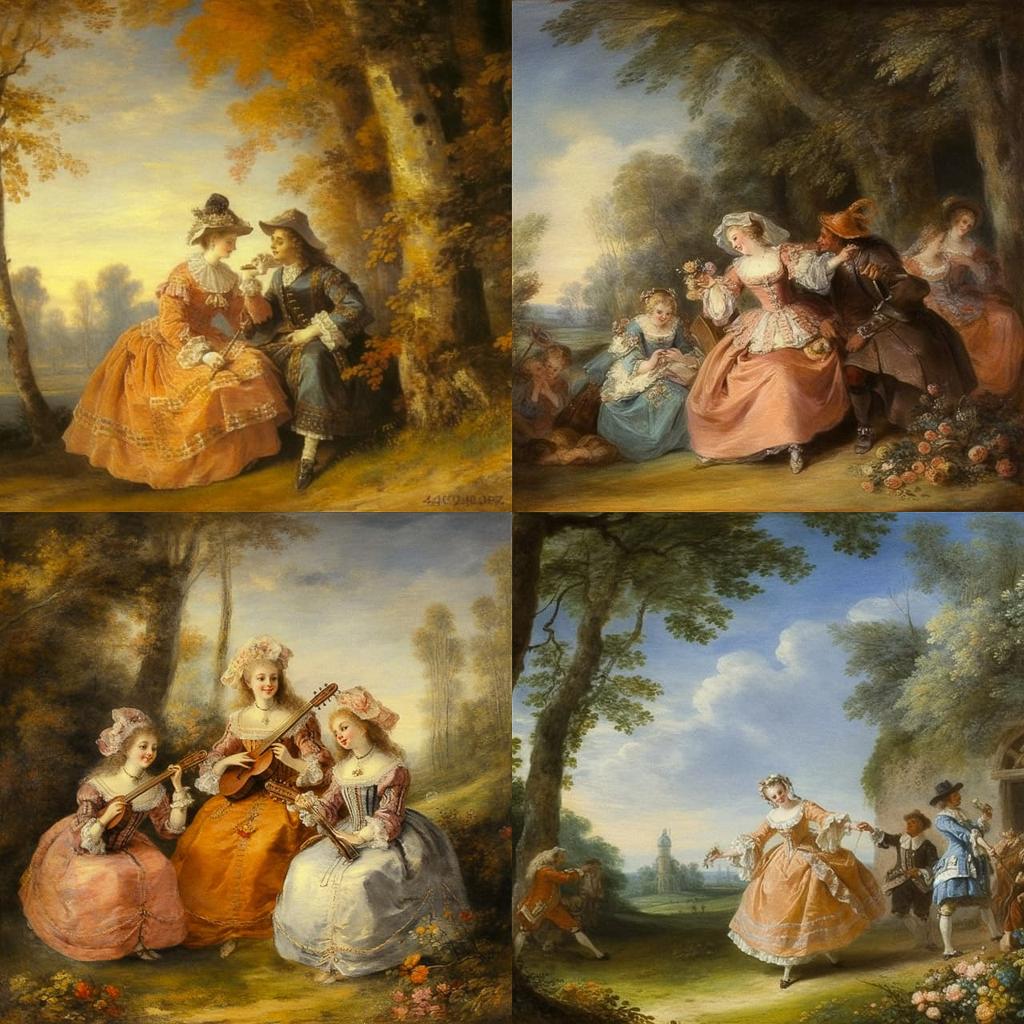 Jean-Antoine Watteau style, Midjourney V5.1, render 1 of 4