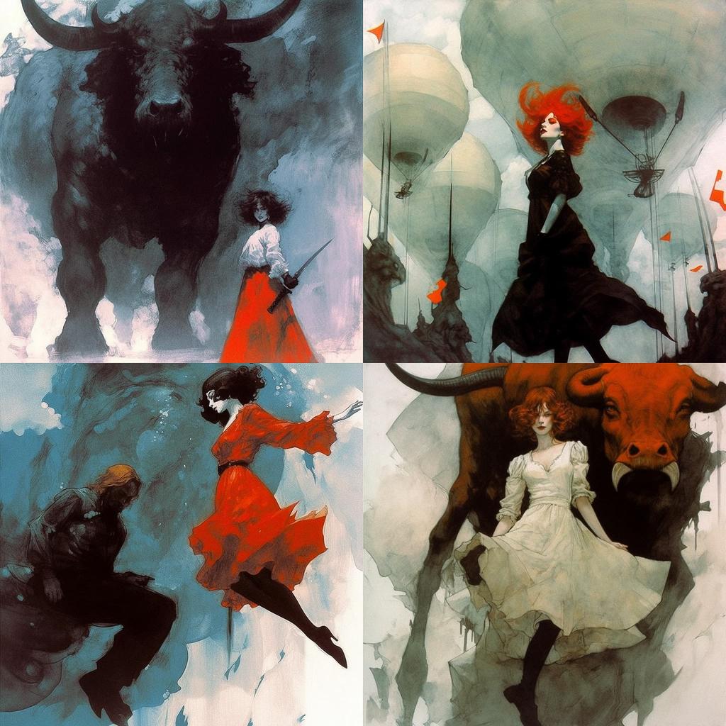 Jeffrey Catherine Jones style, Midjourney V5.1, render 1 of 4