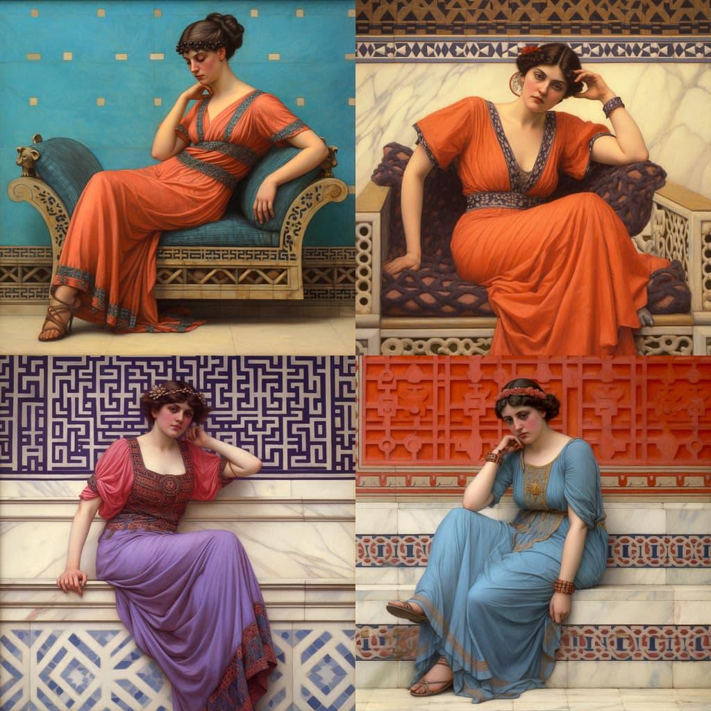 John William Godward style, Midjourney V5.1, render 1 of 4