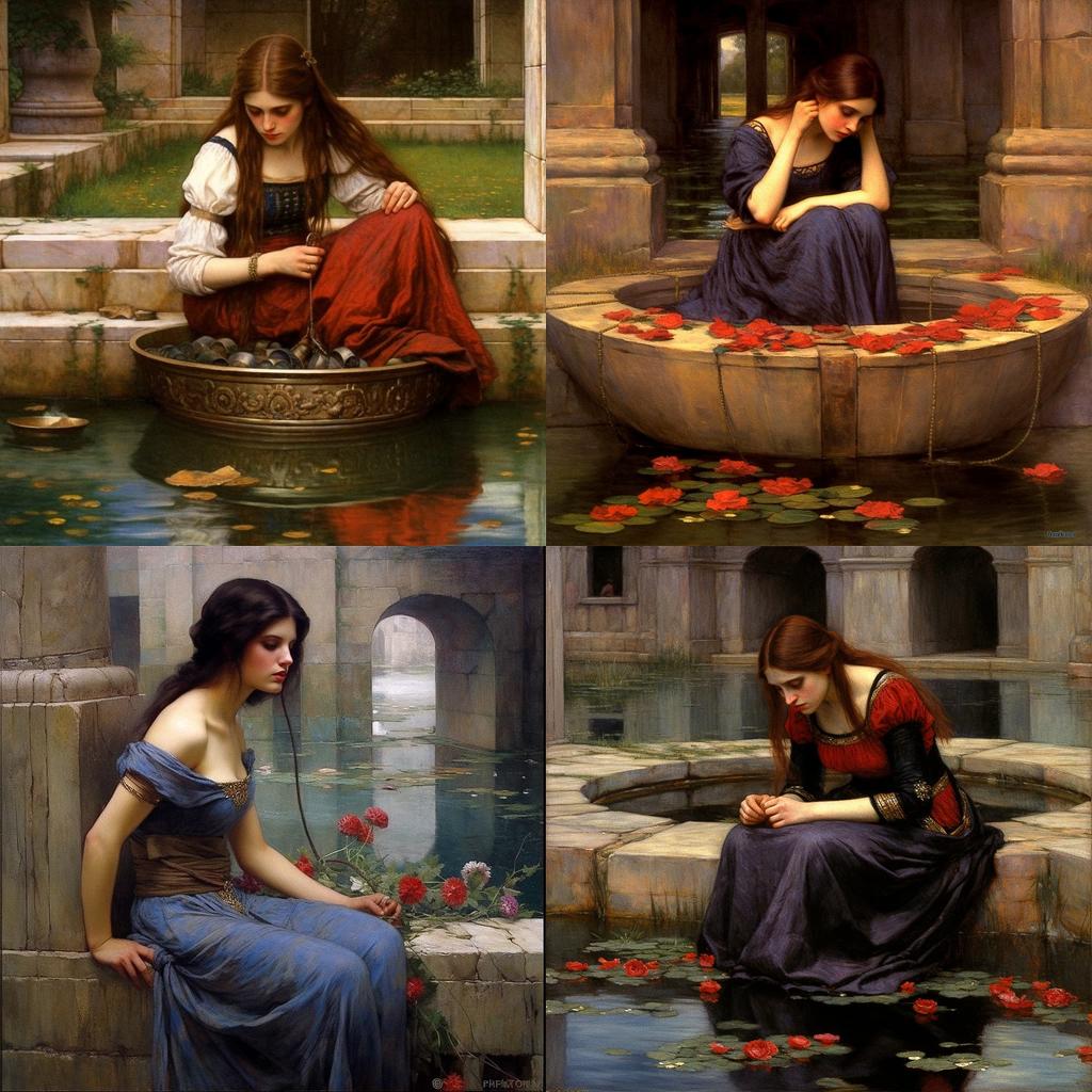 John William Waterhouse style, Midjourney V5.1, render 1 of 4