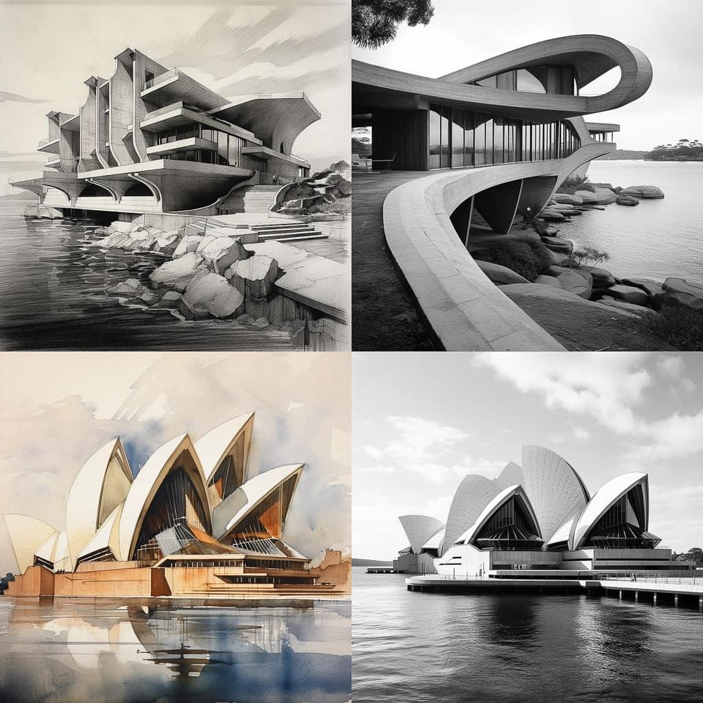 Jorn Utzon style, Midjourney V5.1, render 1 of 4