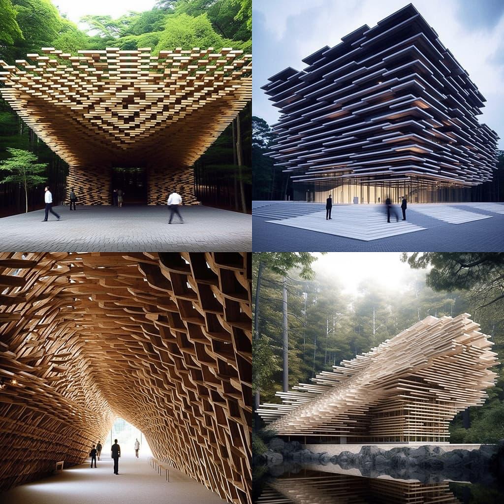 Kengo Kuma style, Midjourney V5.1, render 1 of 4