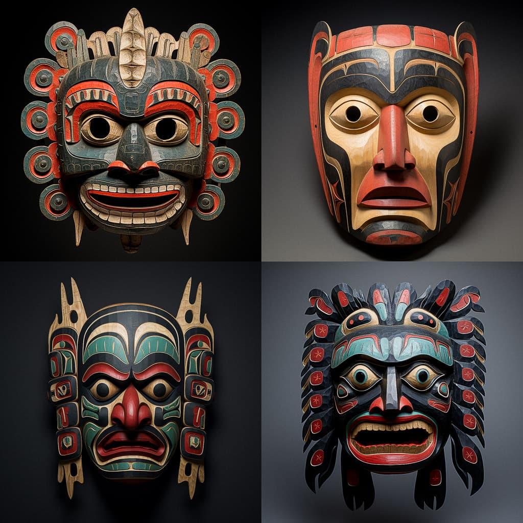 Kwakiutl mask style, Midjourney V5.1, render 1 of 4