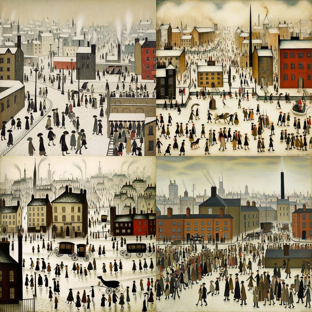 L. S. Lowry style, Midjourney V5.1, render 1 of 4