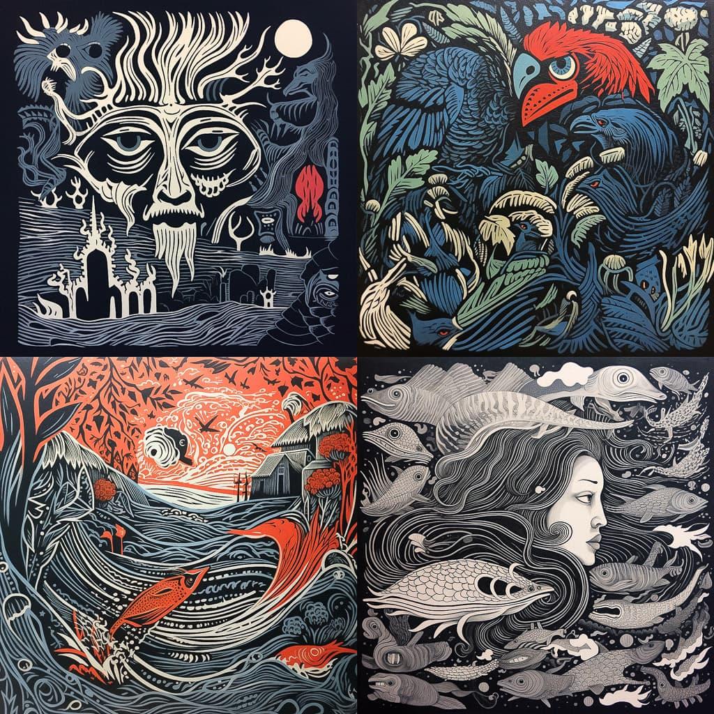 Linocut print style, Midjourney V5.1, render 1 of 4