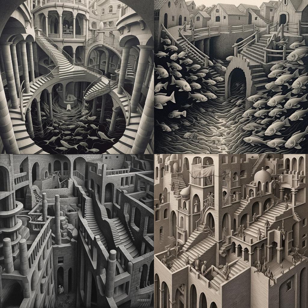 M. C. Escher style, Midjourney V5.1, render 1 of 4