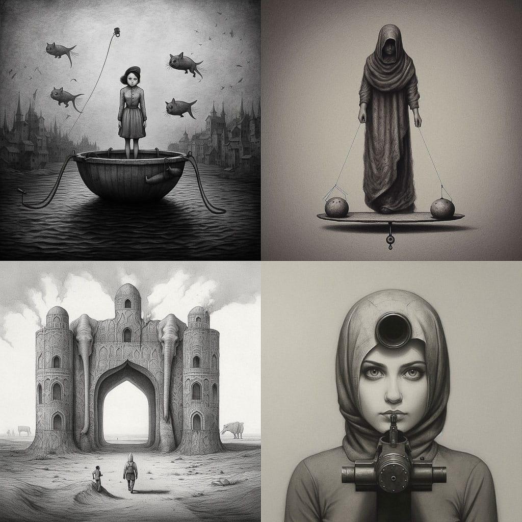 Mana Neyestani style, Midjourney V5.1, render 1 of 4