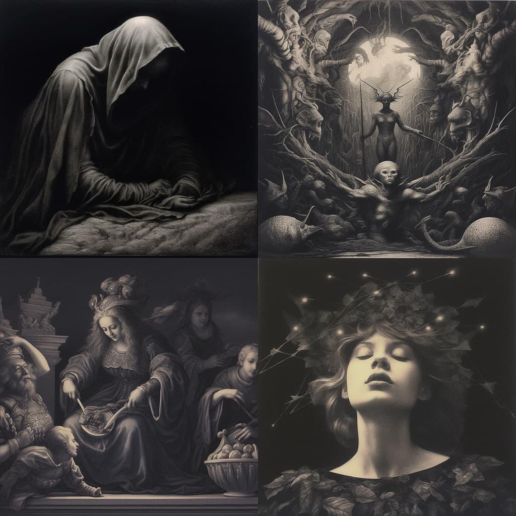Mezzotint print style, Midjourney V5.1, render 1 of 4