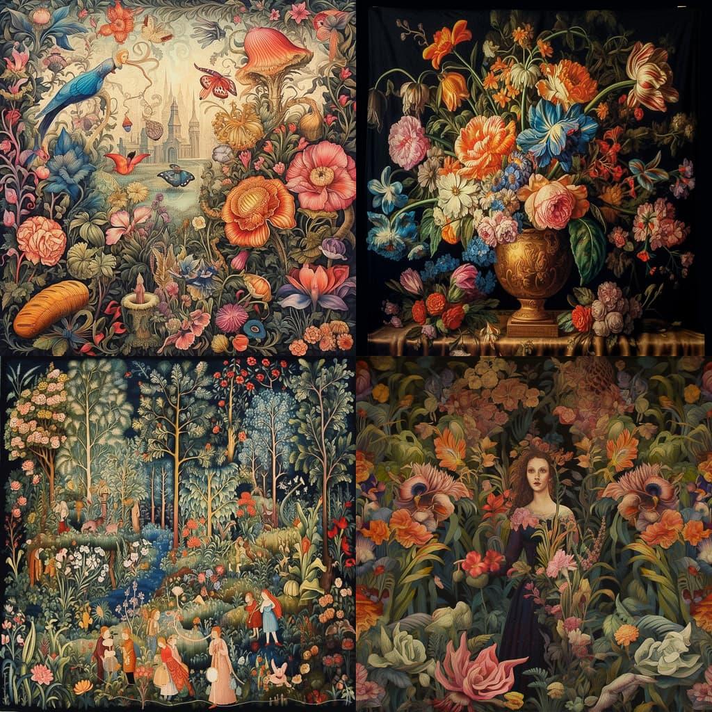 Millefleurs tapestry style, Midjourney V5.1, render 1 of 4