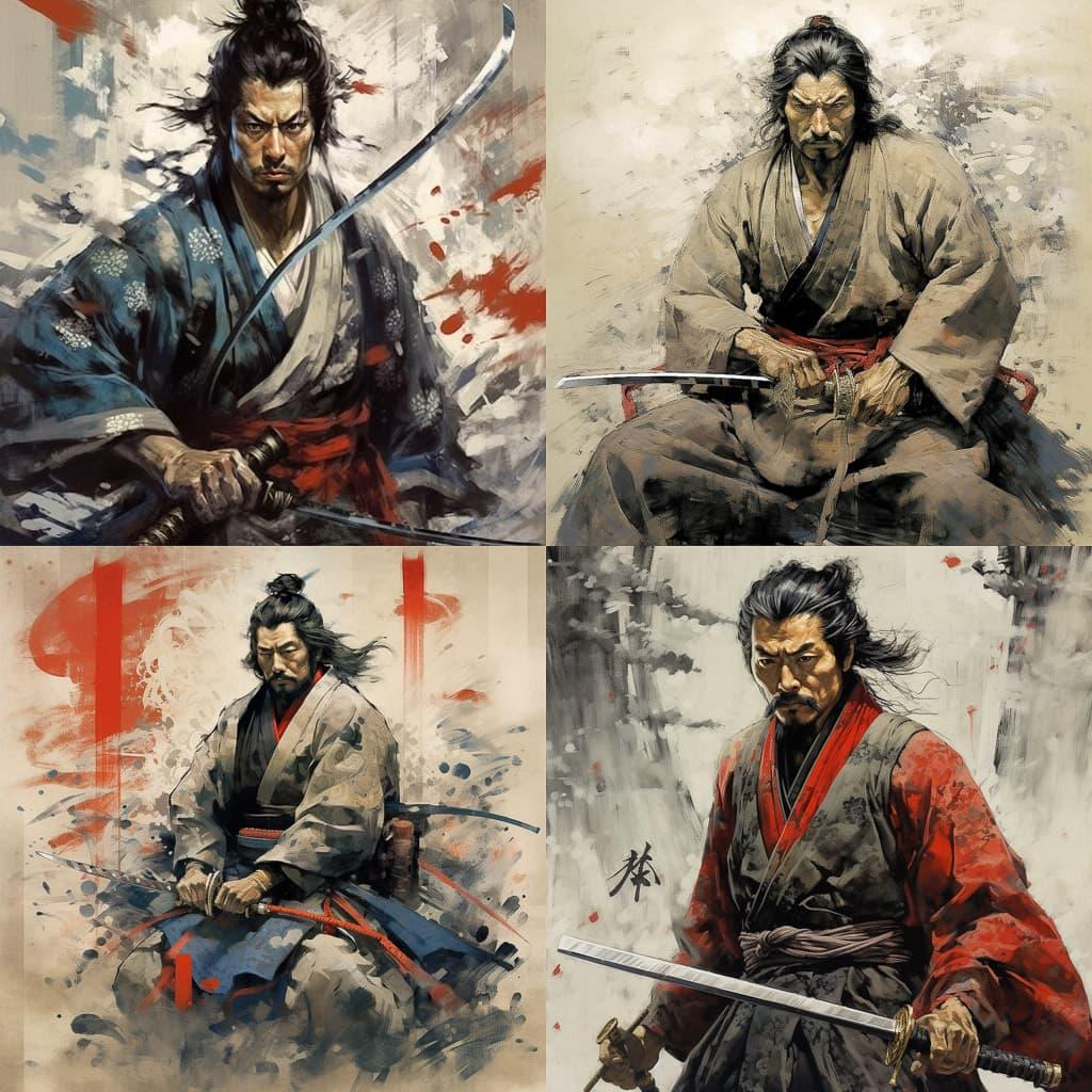 Miyamoto Musashi style, Midjourney V5.1, render 1 of 4