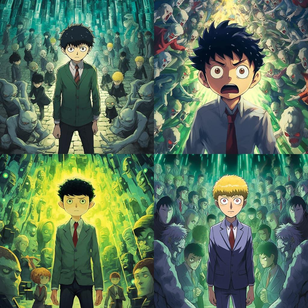 Mob Psycho 100 style, Midjourney V5.1, render 1 of 4