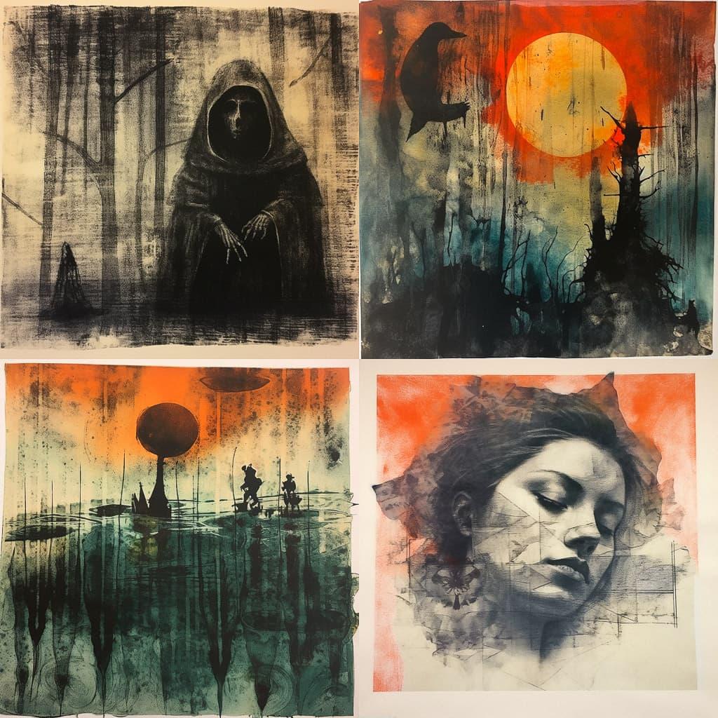 Monotype print style, Midjourney V5.1, render 1 of 4