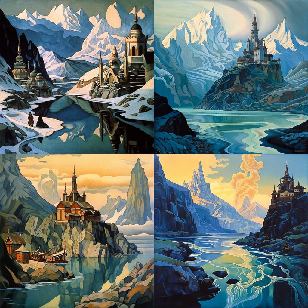 Nicholas Roerich style, Midjourney V5.1, render 1 of 4