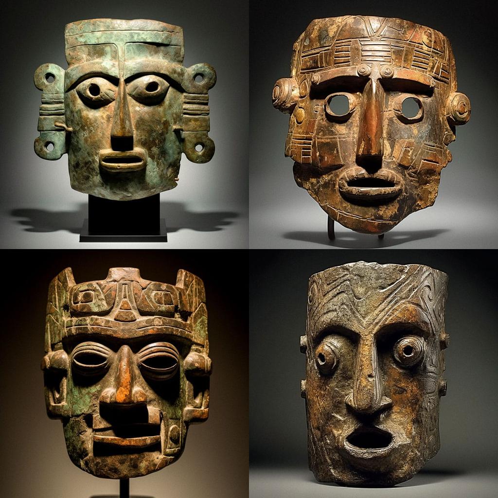 Nuragic mask style, Midjourney V5.1, render 1 of 4