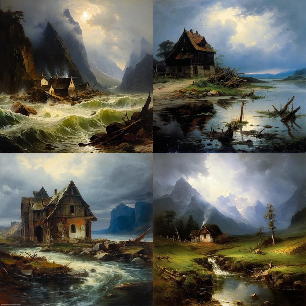 Oswald Achenbach style, Midjourney V5.1, render 1 of 4