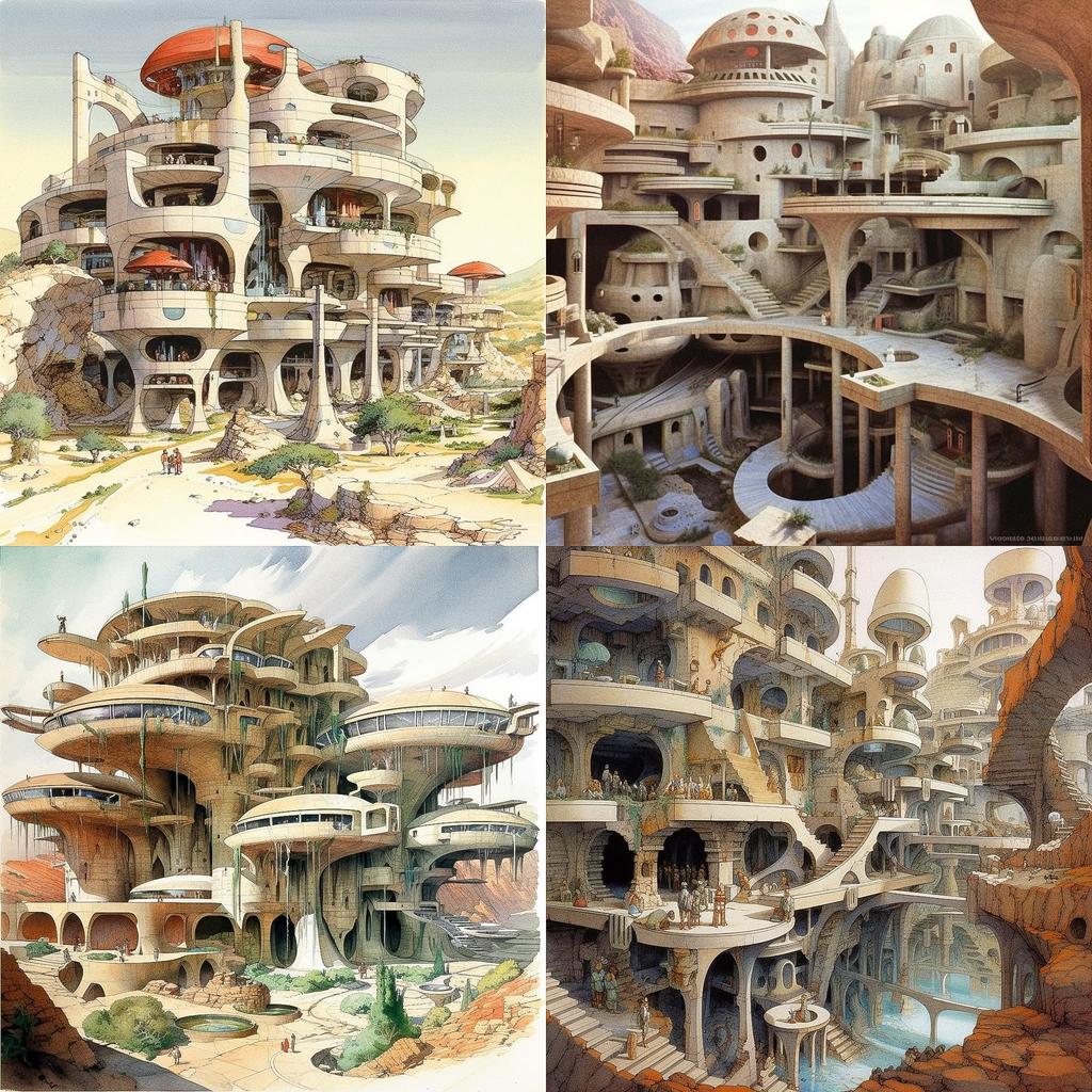 Paolo Soleri style, Midjourney V5.1, render 1 of 4