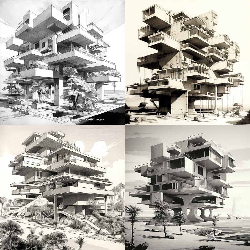 Paul Rudolph style, Midjourney V5.1, render 1 of 4