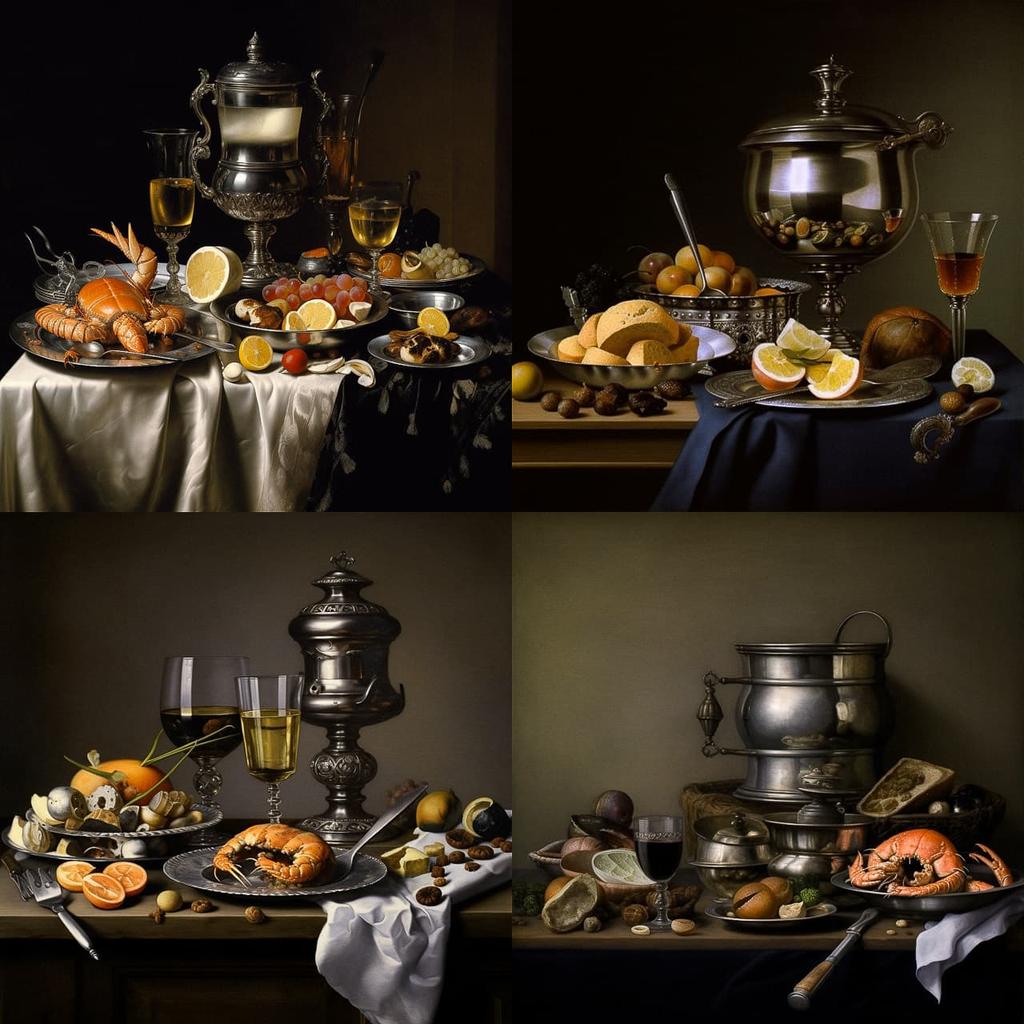 Pieter Claesz style, Midjourney V5.1, render 1 of 4