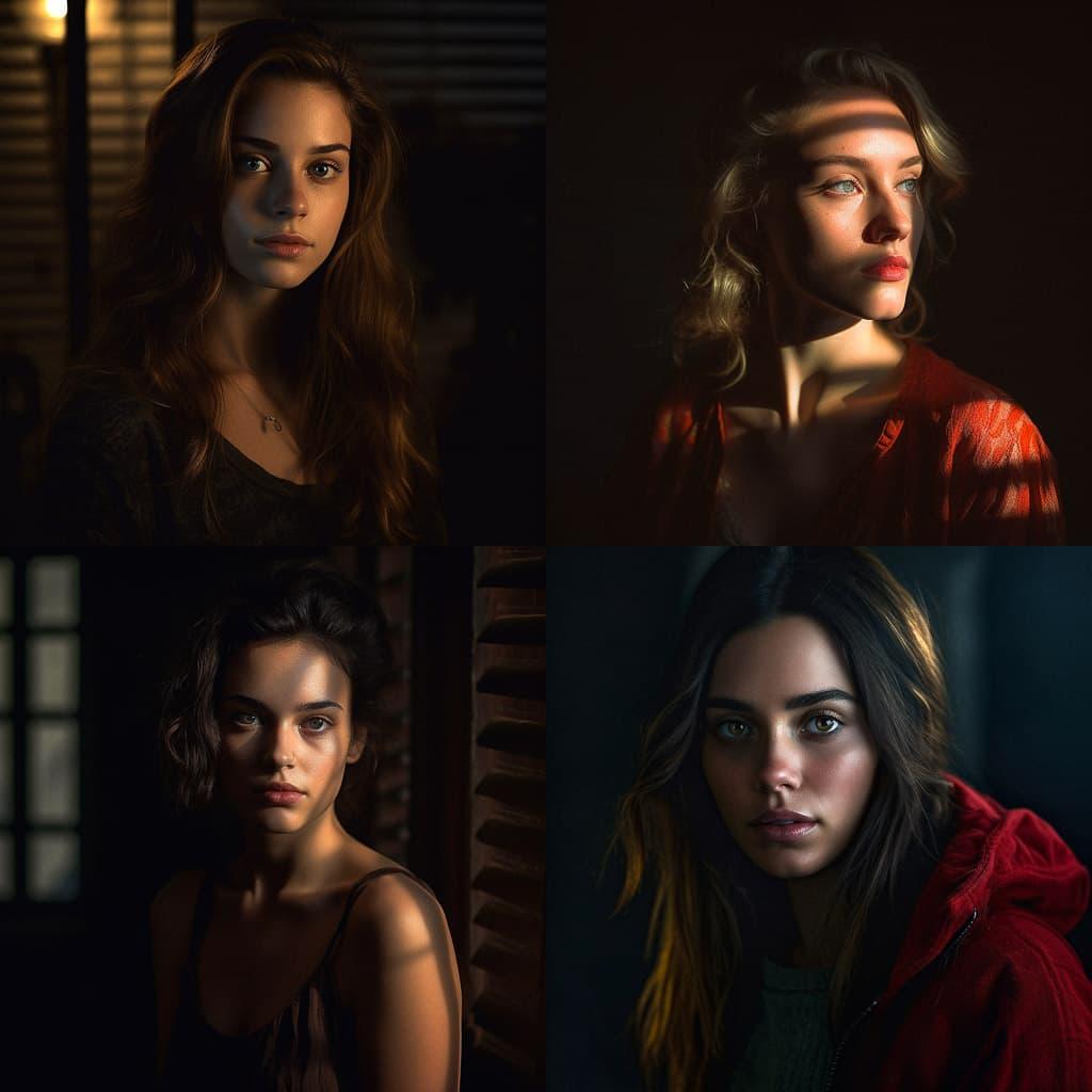 Portrait shot with contrasty lighting style, Midjourney V5.1, render 1 of 4