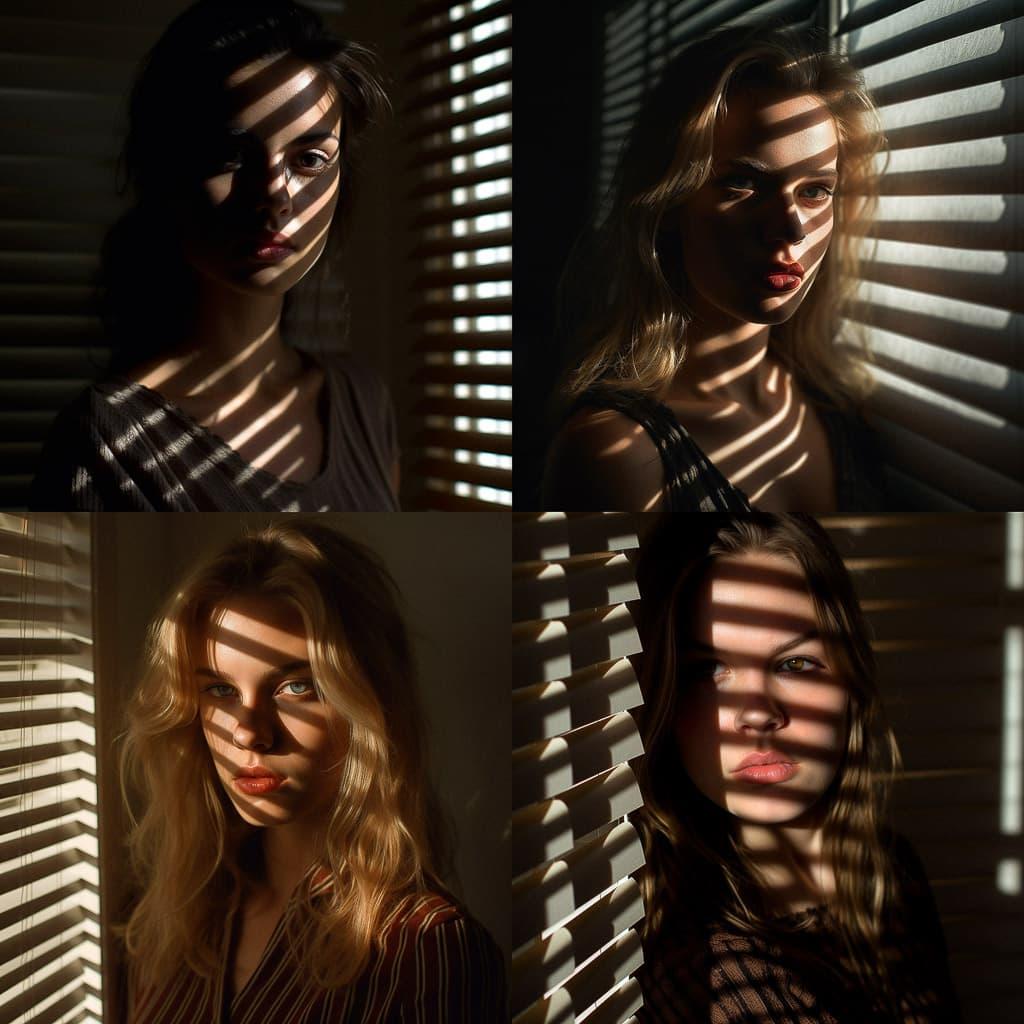 Portrait shot with light and shadow from window blinds style, Midjourney V5.1, render 1 of 4