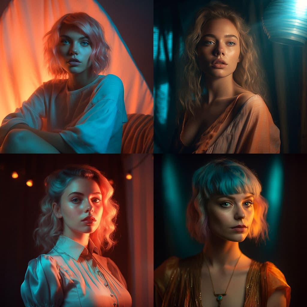 Portrait shot with peach and cyan lighting style, Midjourney V5.1, render 1 of 4