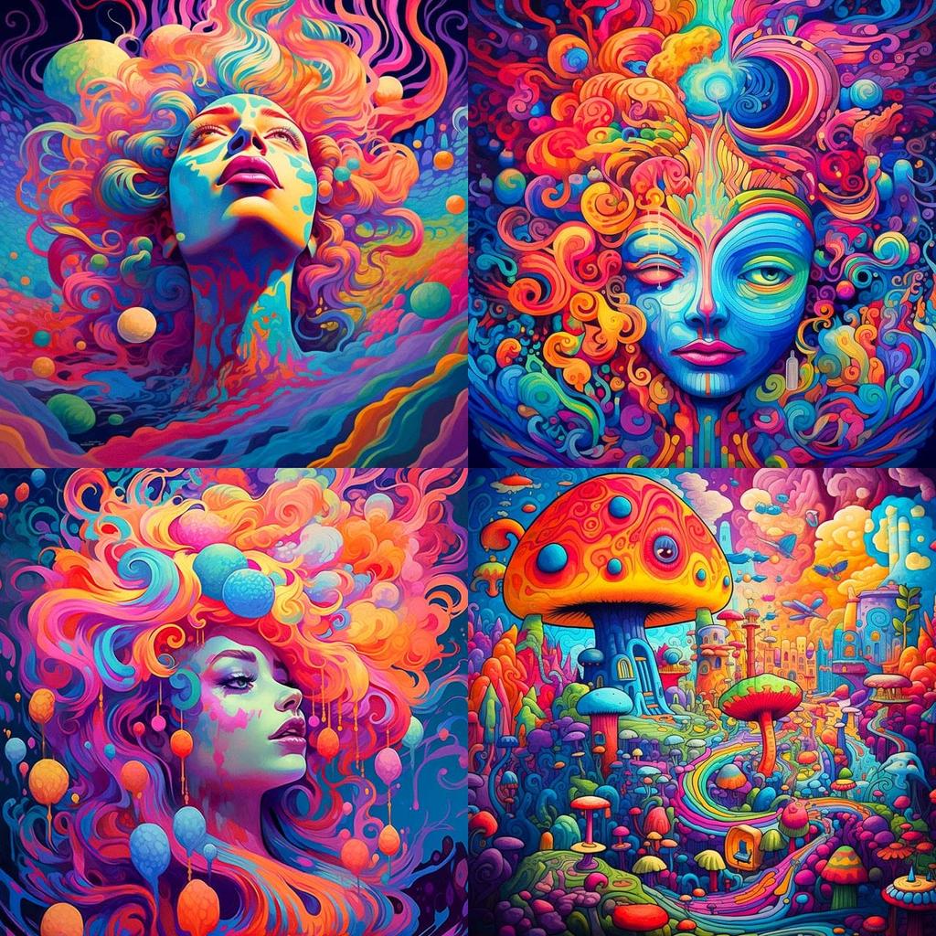 Psychedelic colors style, Midjourney V5.1, render 1 of 4