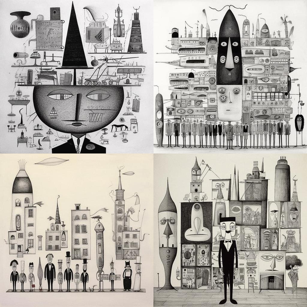 Saul Steinberg style, Midjourney V5.1, render 1 of 4
