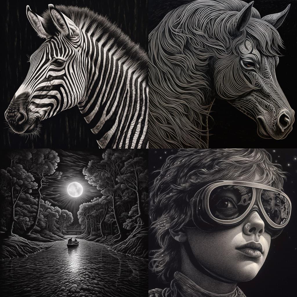 Scratchboard art style, Midjourney V5.1, render 1 of 4