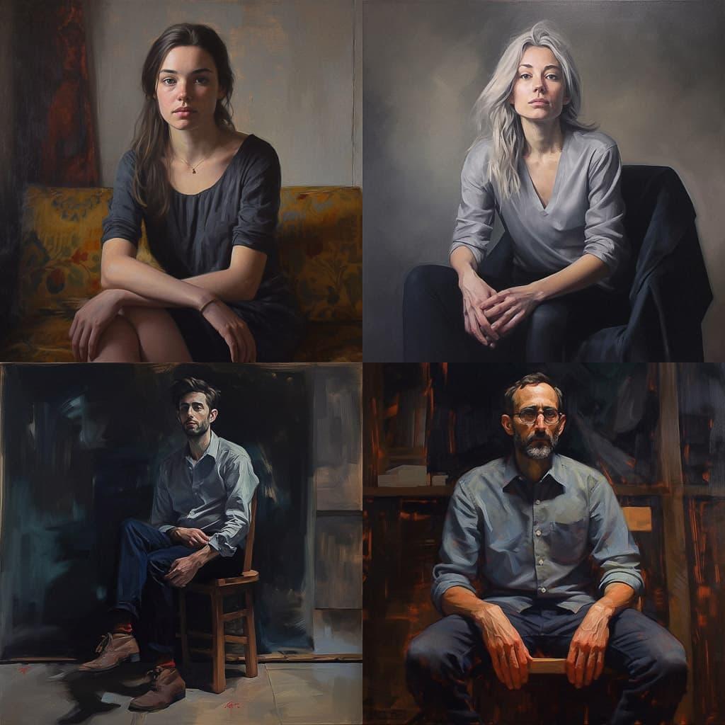 Sitting portrait style, Midjourney V5.1, render 1 of 4