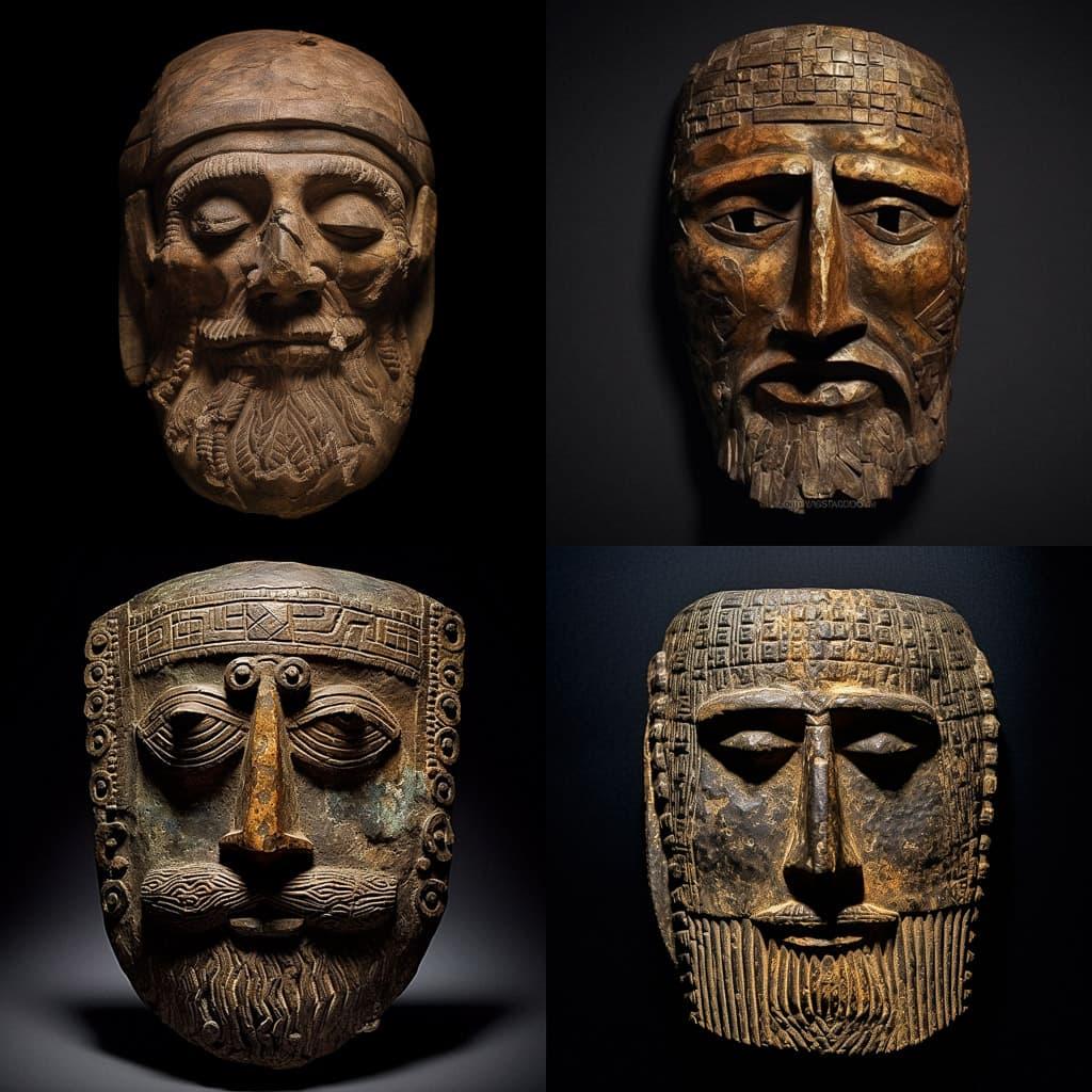 Sumerian death mask style, Midjourney V5.1, render 1 of 4