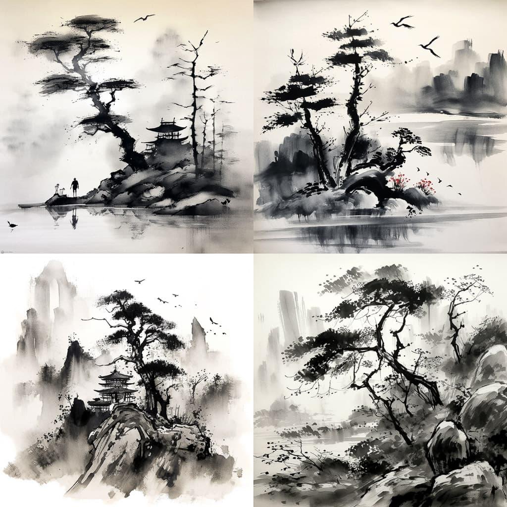 Sumi-e drawing style, Midjourney V5.1, render 1 of 4